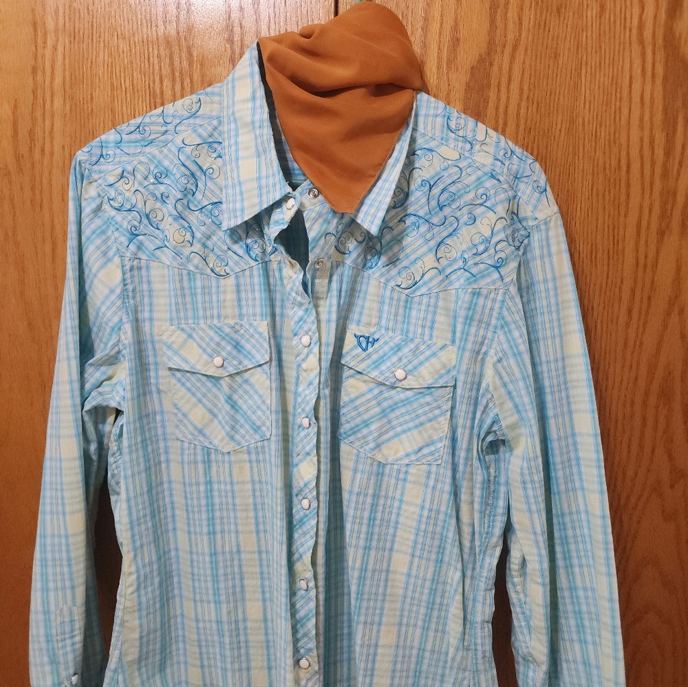 Turquoise/orange Plaid Embroidered woman's shirt